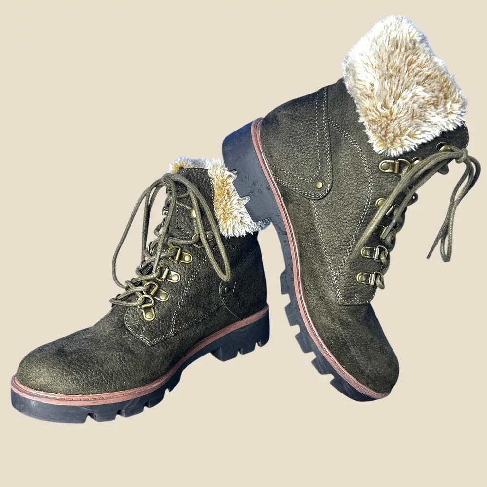 Cliffs White Mountain Olive Glendie Faux Fur Ankle Boots Sz 9 Hiking Granola Fur